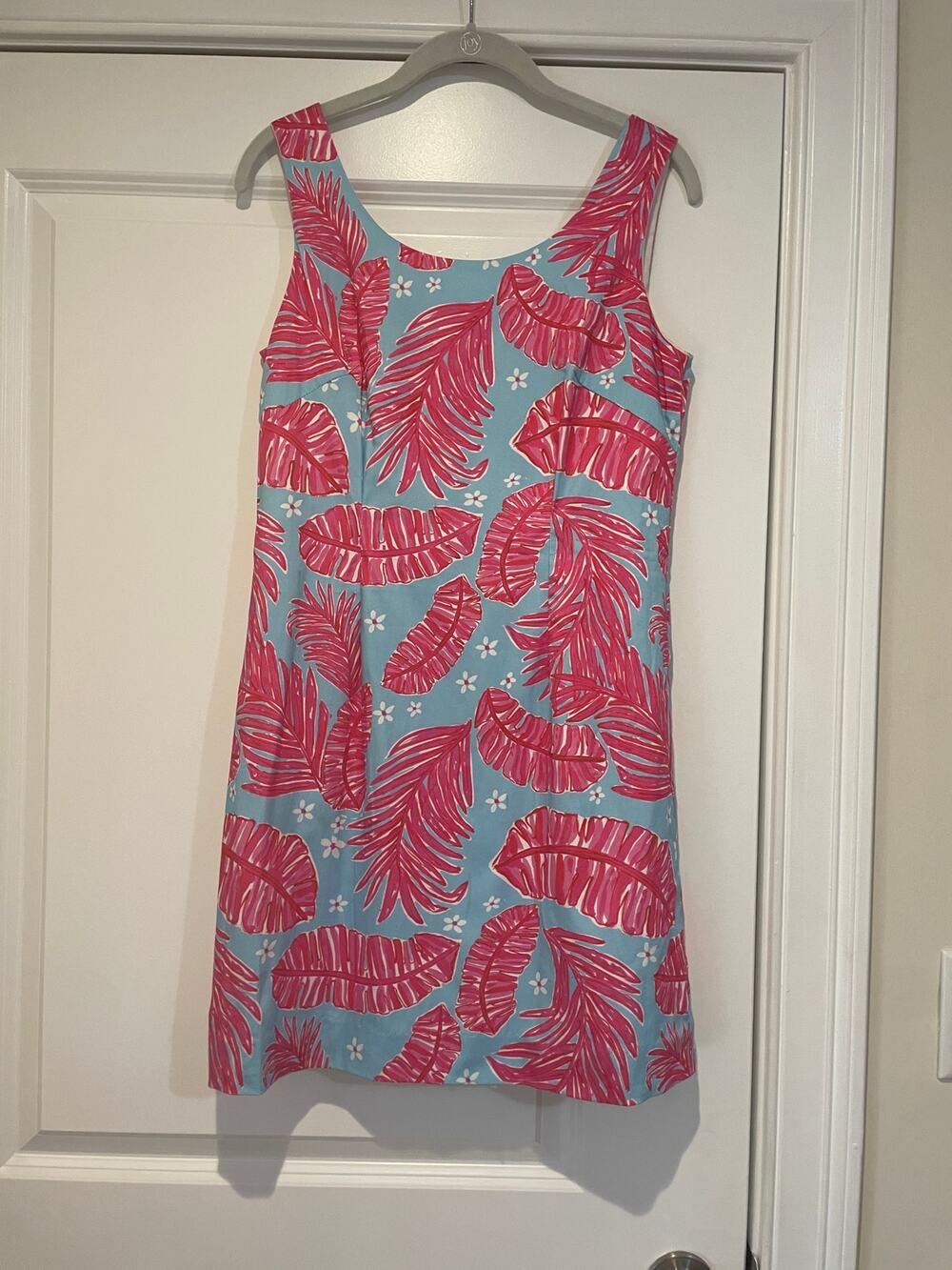 Kaeli Smith Blue Pink Tropical Palm Shift Dress Lined Sleeveless Size 8 Resort
